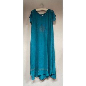Kloz Lyne Scoop Neck Short Sleeve Layered Midi Dress Teal Size Small Pullover